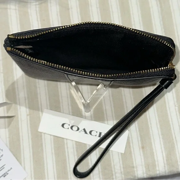 COACH Signature PVC Leather Corner Zip Wristlet w/Stripe in Walnut Brown & Black - Picture 10 of 15